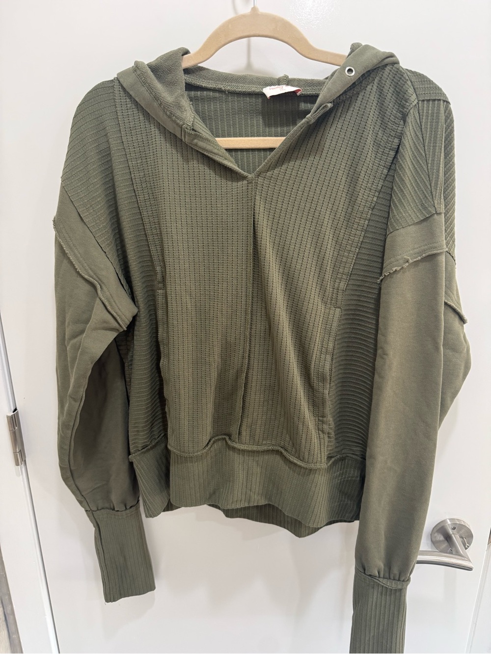 Olive Green Waffle Knit Hooded Pullover